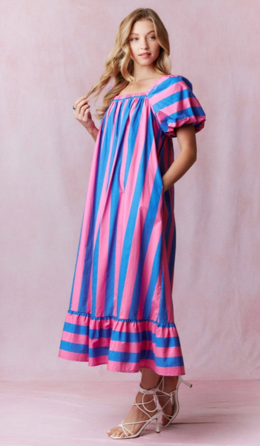 Royal & Pink Striped Poplin Dress