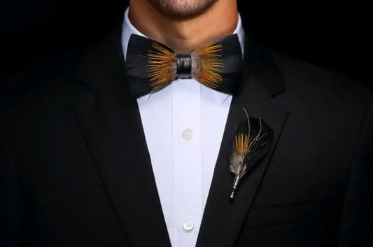 Black & Gold Handmade Feather Bowtie    