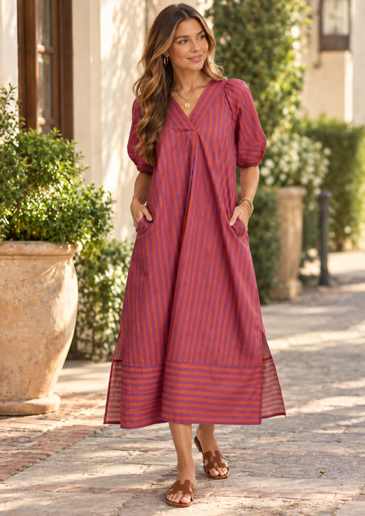 Plum & Rust Stripe Midi Dress