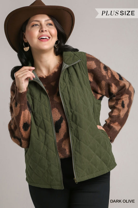 Olive Quilted Zip Front Vest