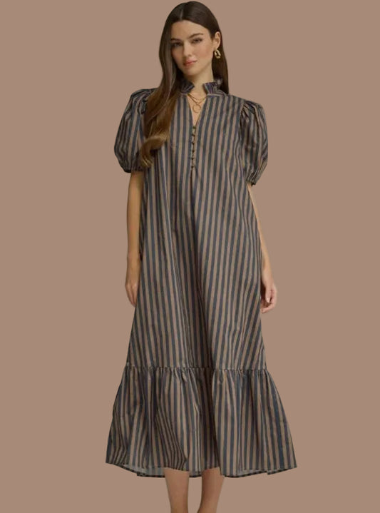 Navy Brown Stripe Midi Dress