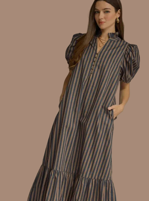 Navy Brown Stripe Midi Dress