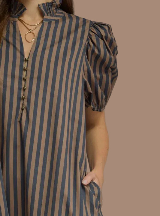 Navy Brown Stripe Midi Dress