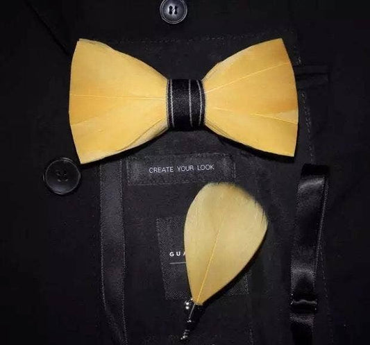 Yellow Handmade Feather Bow Tie