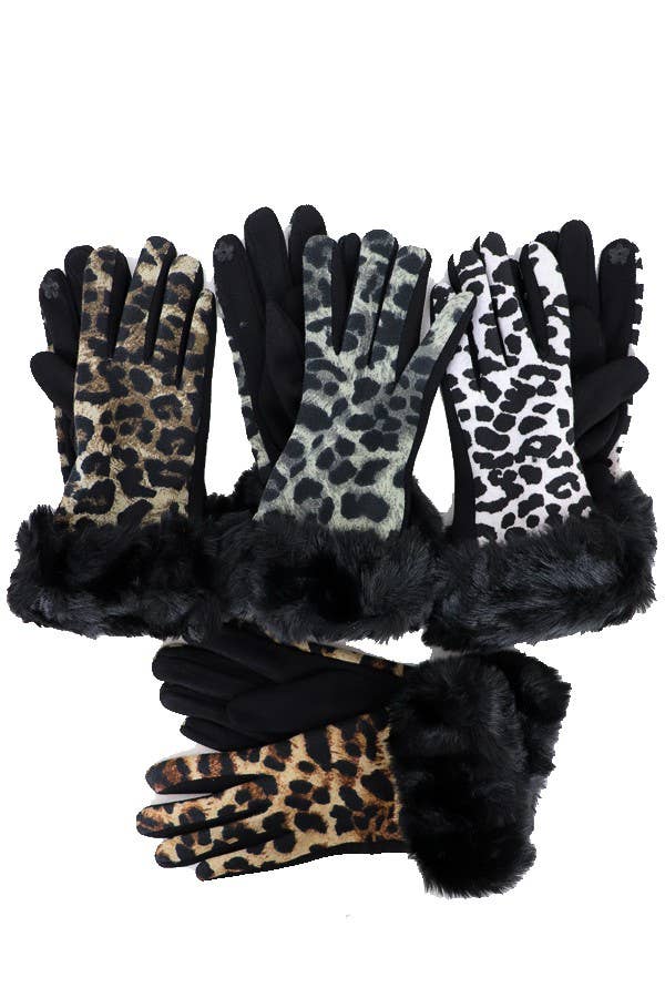Faux Fur Detailed Leopard Printed Gloves