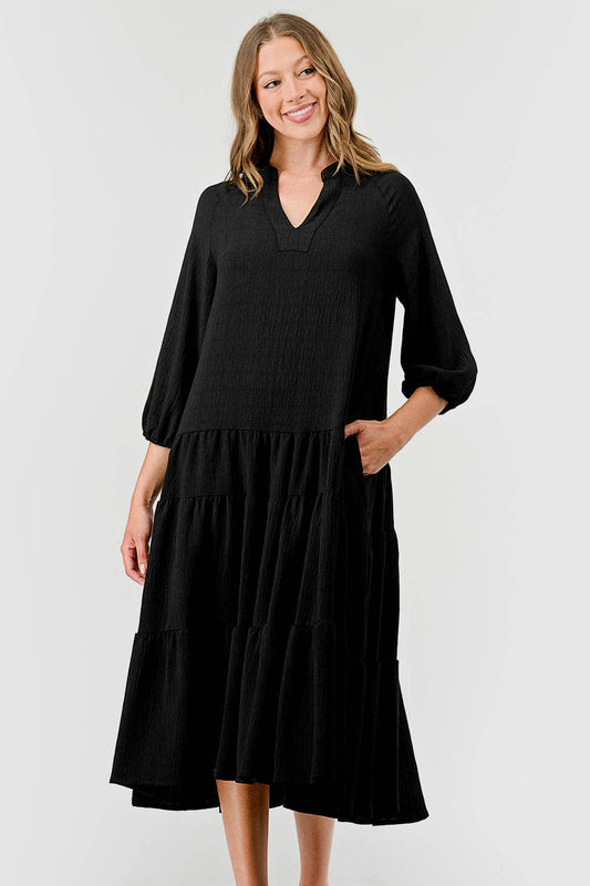 Plus Size Fiona Midi Drop Waist Tiered Dress Black