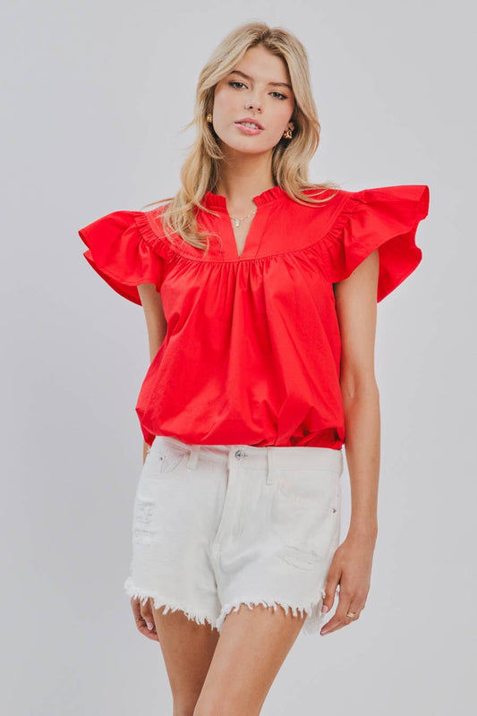 Red Flutter Sleeve Poplin Blouse