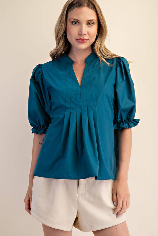 Teal V-Neck Puff Sleeve Top
