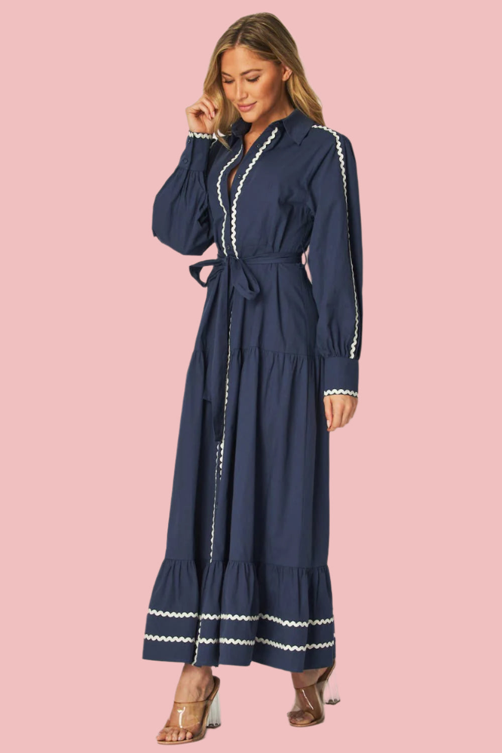 Navy Solid Long Sleeve Button-Down Maxi Dress