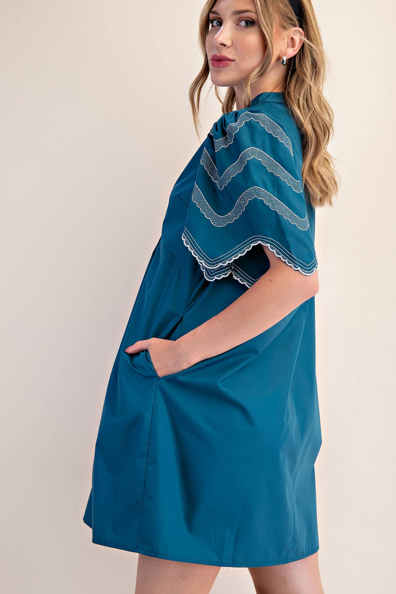 Teal Embroidered Balloon Sleeve Mini Dress