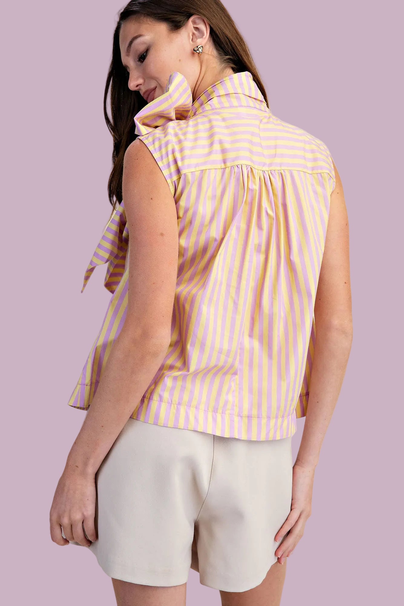 Lavender Tie Neck Sleeveless Stripe Top