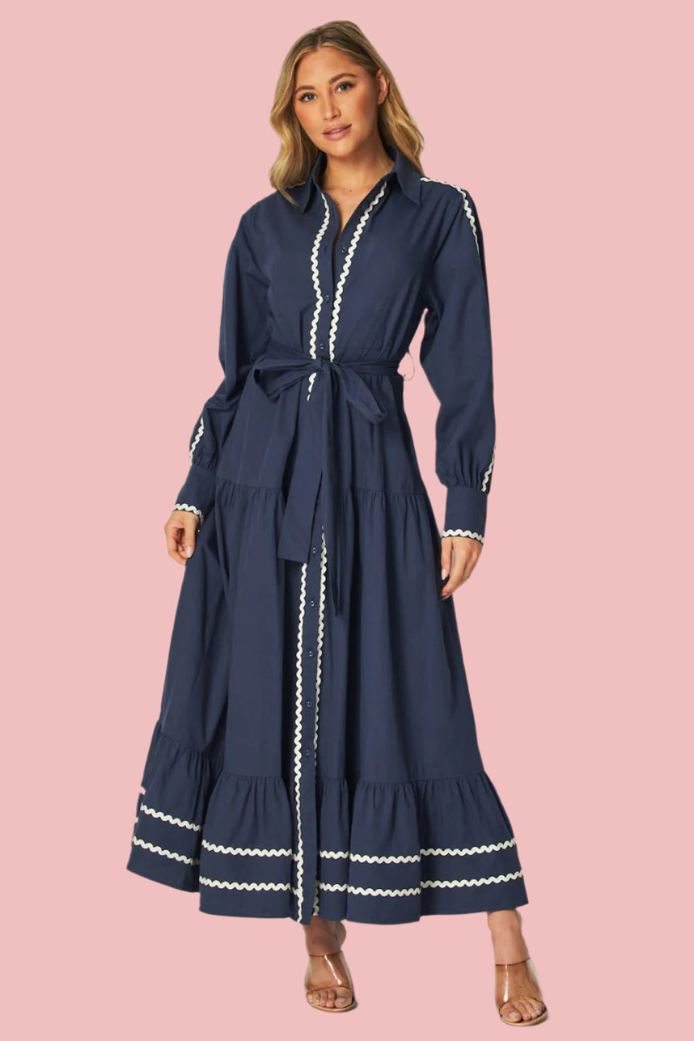 Navy Solid Long Sleeve Button-Down Maxi Dress