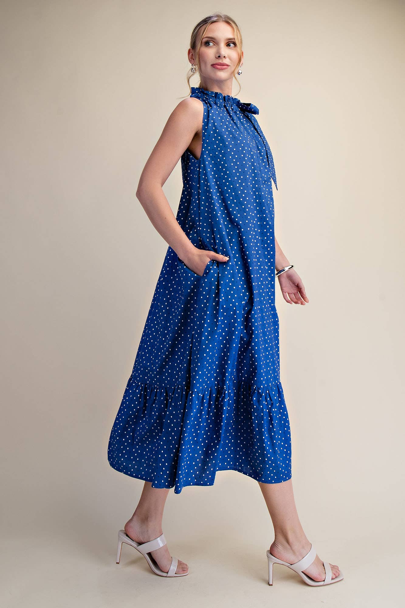Royal Ruffle Neck Tie Sleeveless Dot Pattern Midi