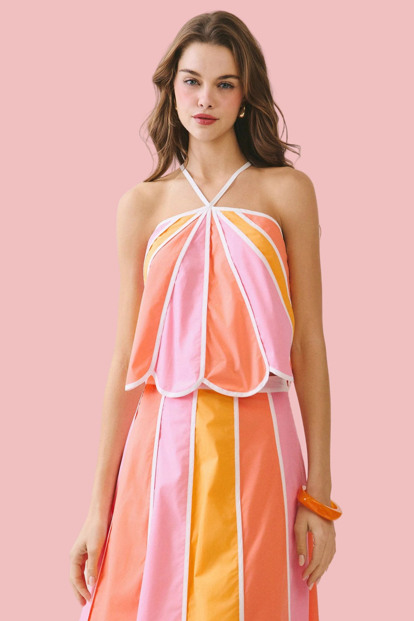 Color Block Scalloped Edges Halter Top