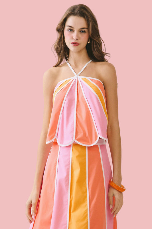 Color Block Scalloped Edges Halter Top