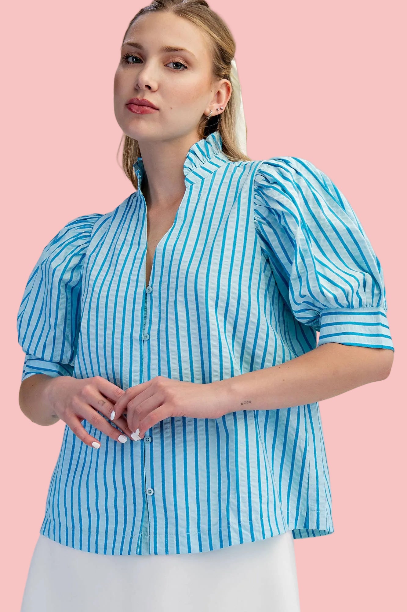 Aqua Ruffle V-neck Puff Sleeve Button Down Top