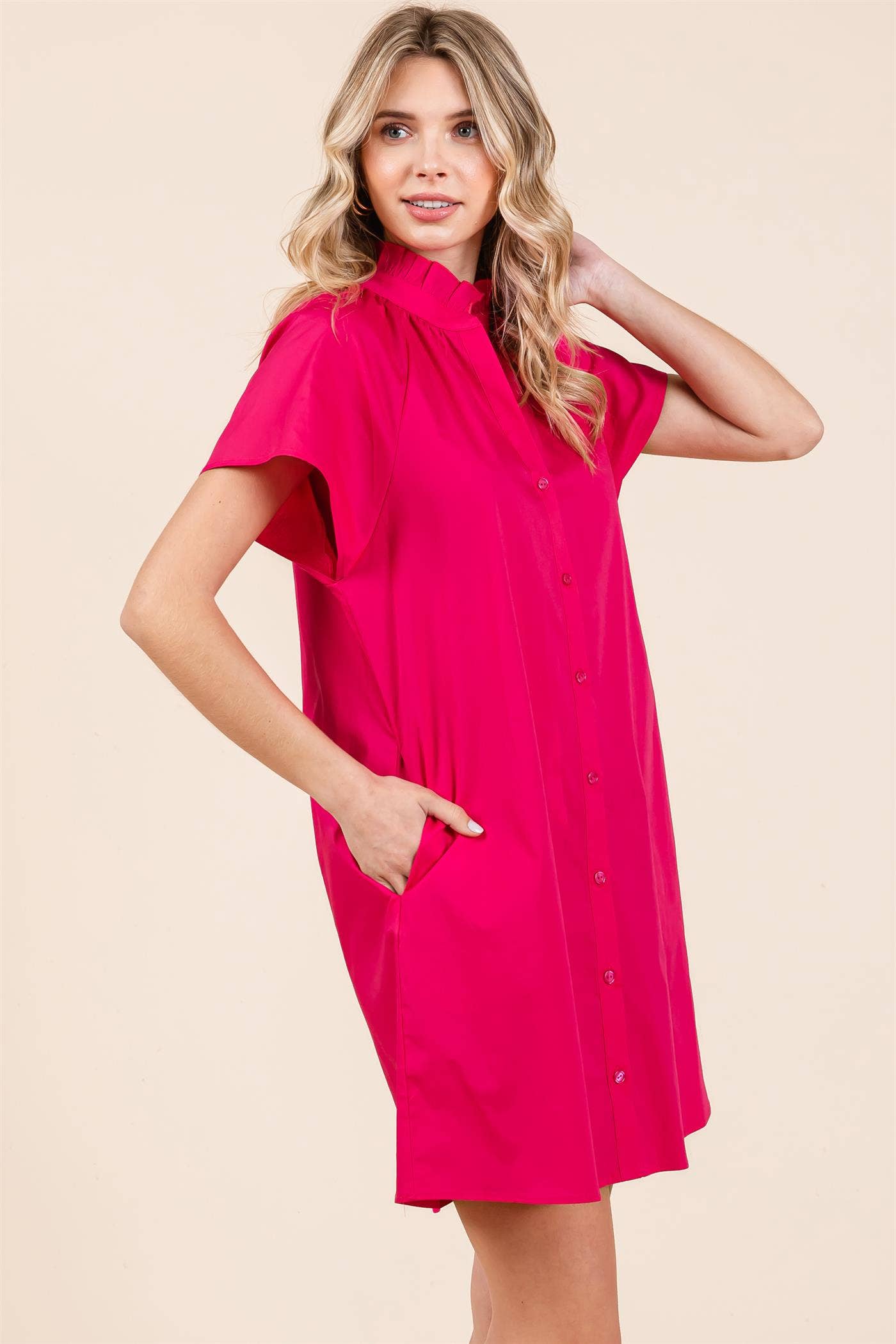 Fuchsia Poplin Shirt Short Dress