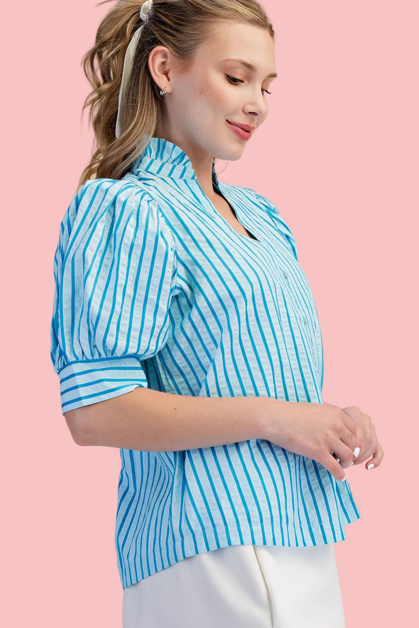 Aqua Ruffle V-neck Puff Sleeve Button Down Top