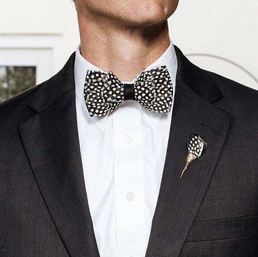 Handmade Black and White Polka Dot Feather Bow Tie