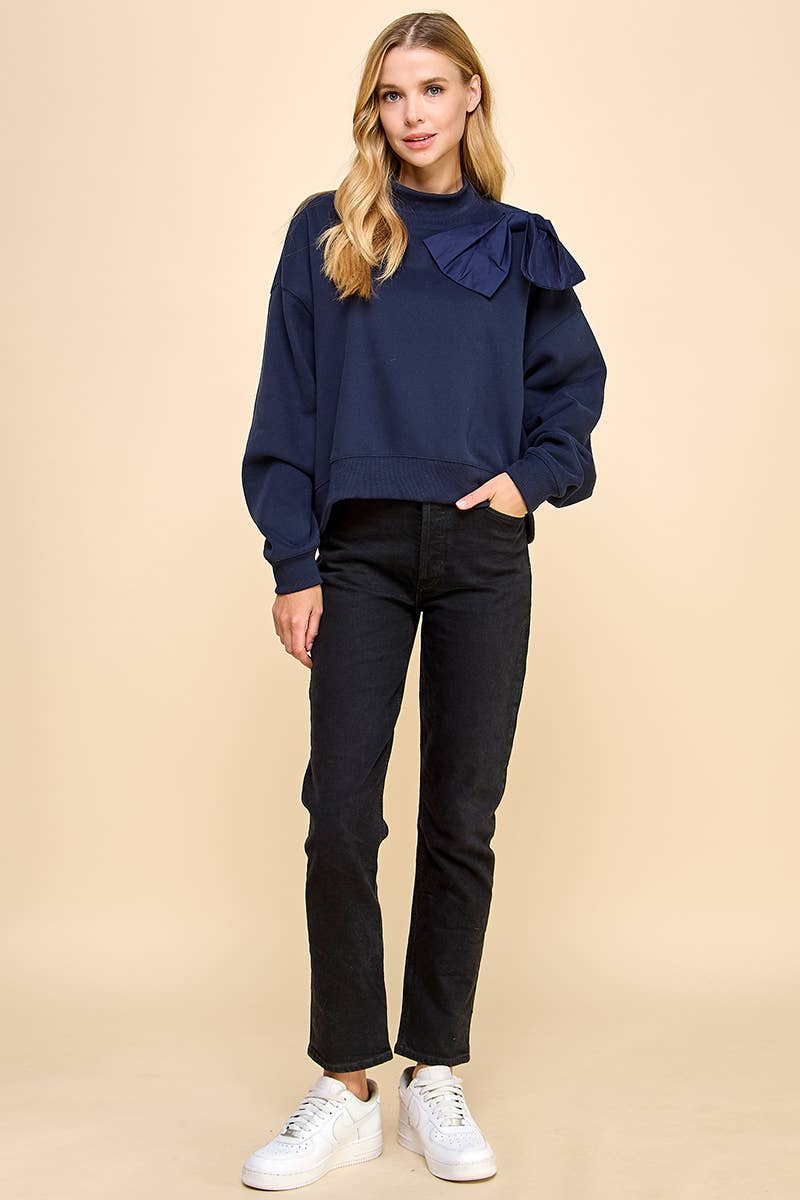 Navy Oversized High Neckline Bow Sweatshirt