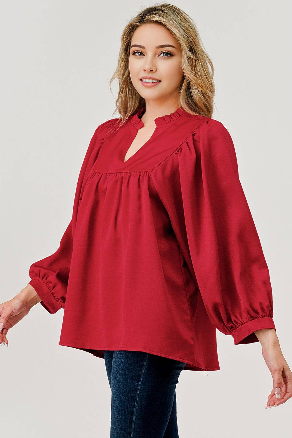 Cranberry 3/4 Sleeve Ruffle Collar Top