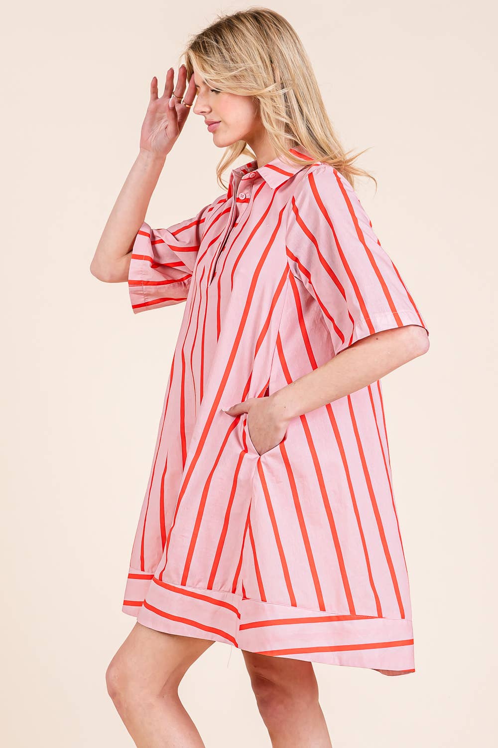Pink and Coral Stripe Shirt Dress