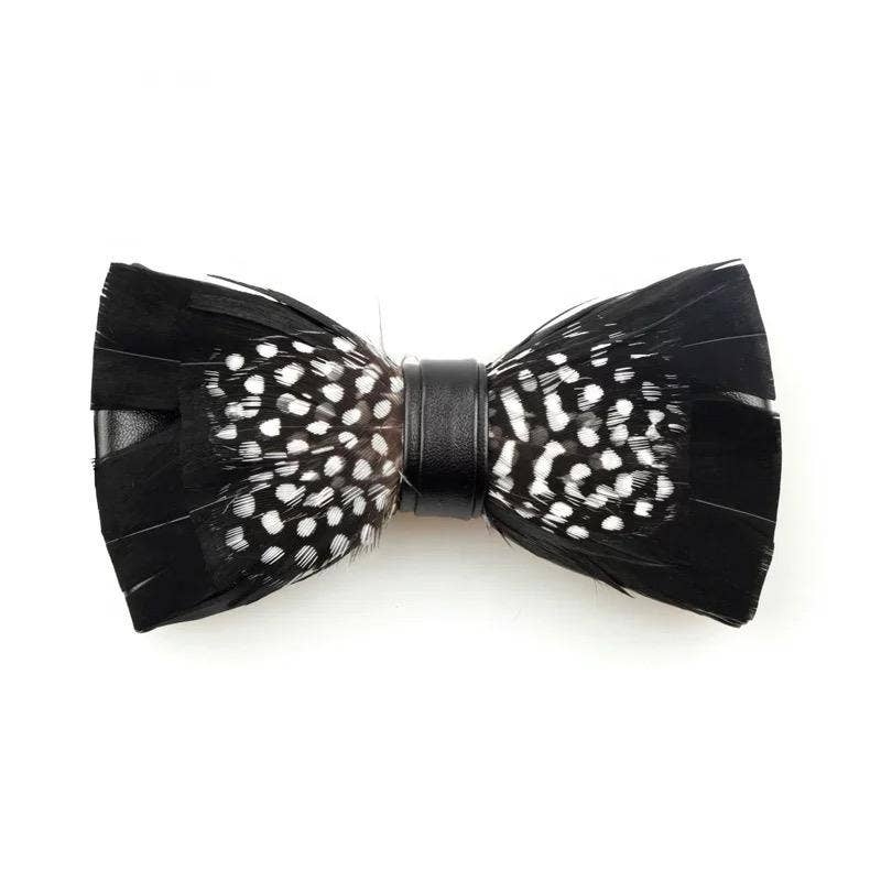 Handmade Black Feather Bow Tie with Black & White Polka Dot Accent