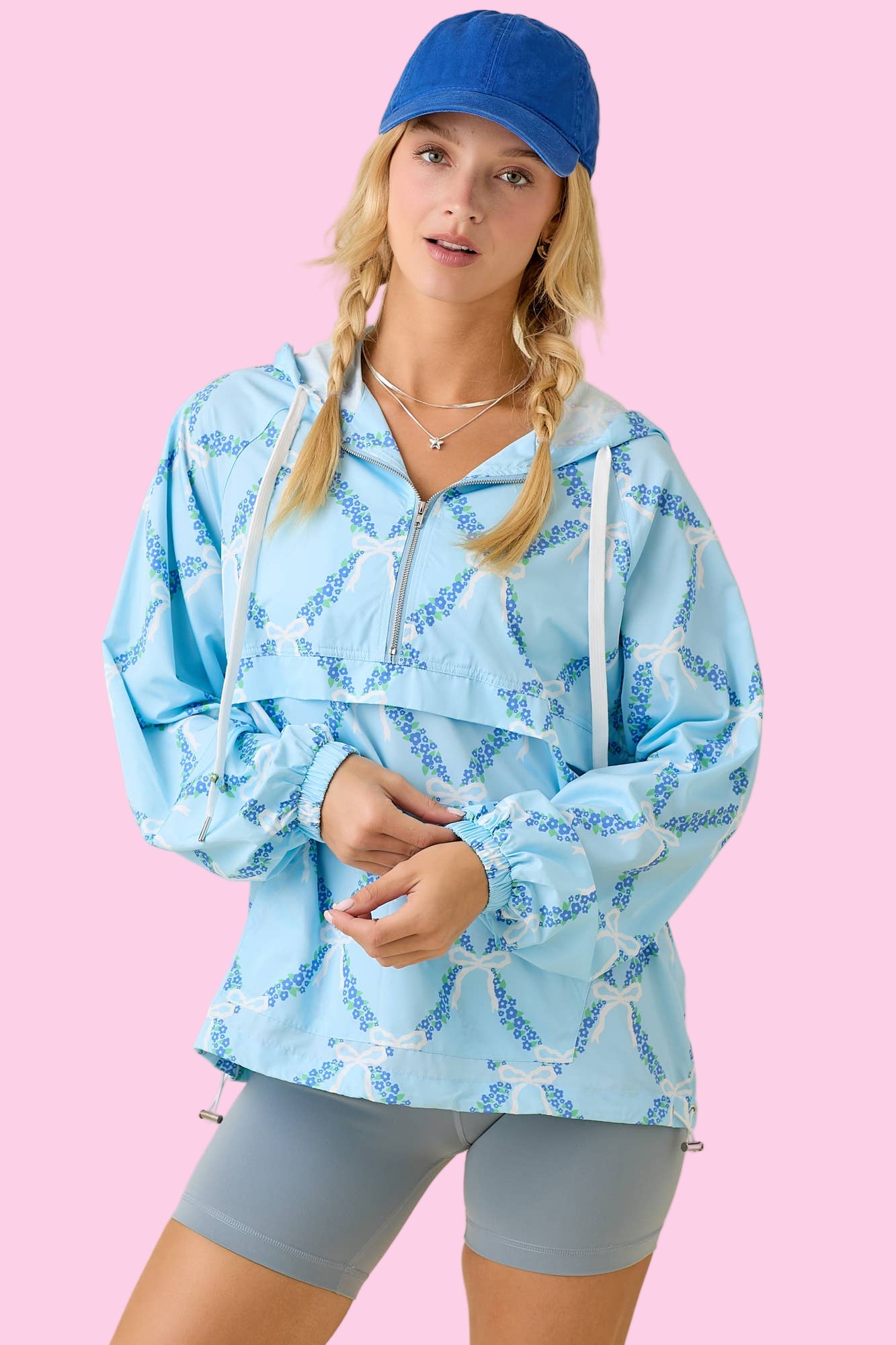 Blue Ribbon And Floral Printed Windbreaker
