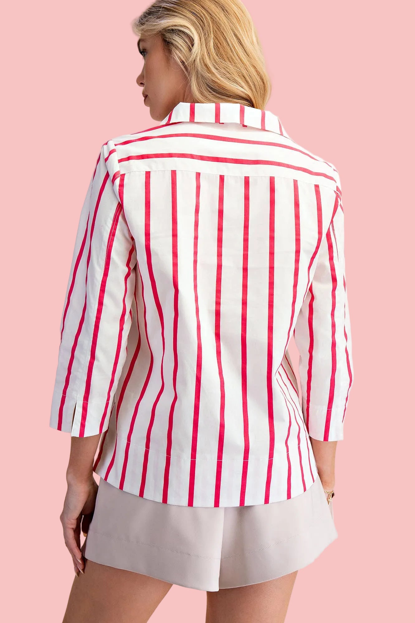 Hot Pink Stripe Stand Collar Blouse