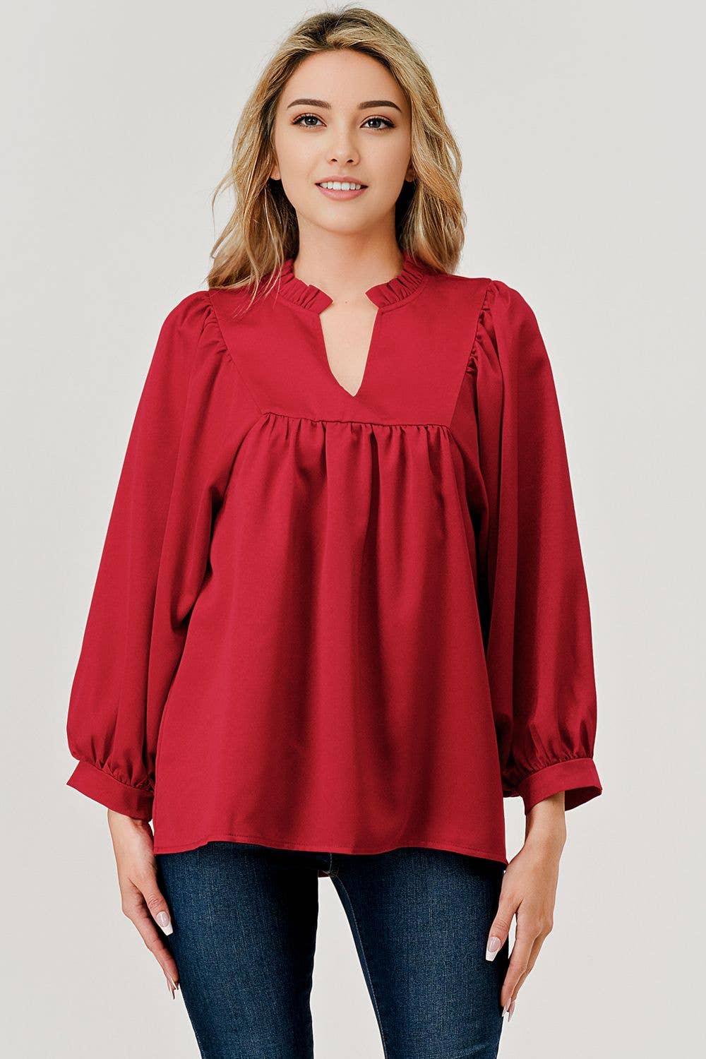 Cranberry 3/4 Sleeve Ruffle Collar Top