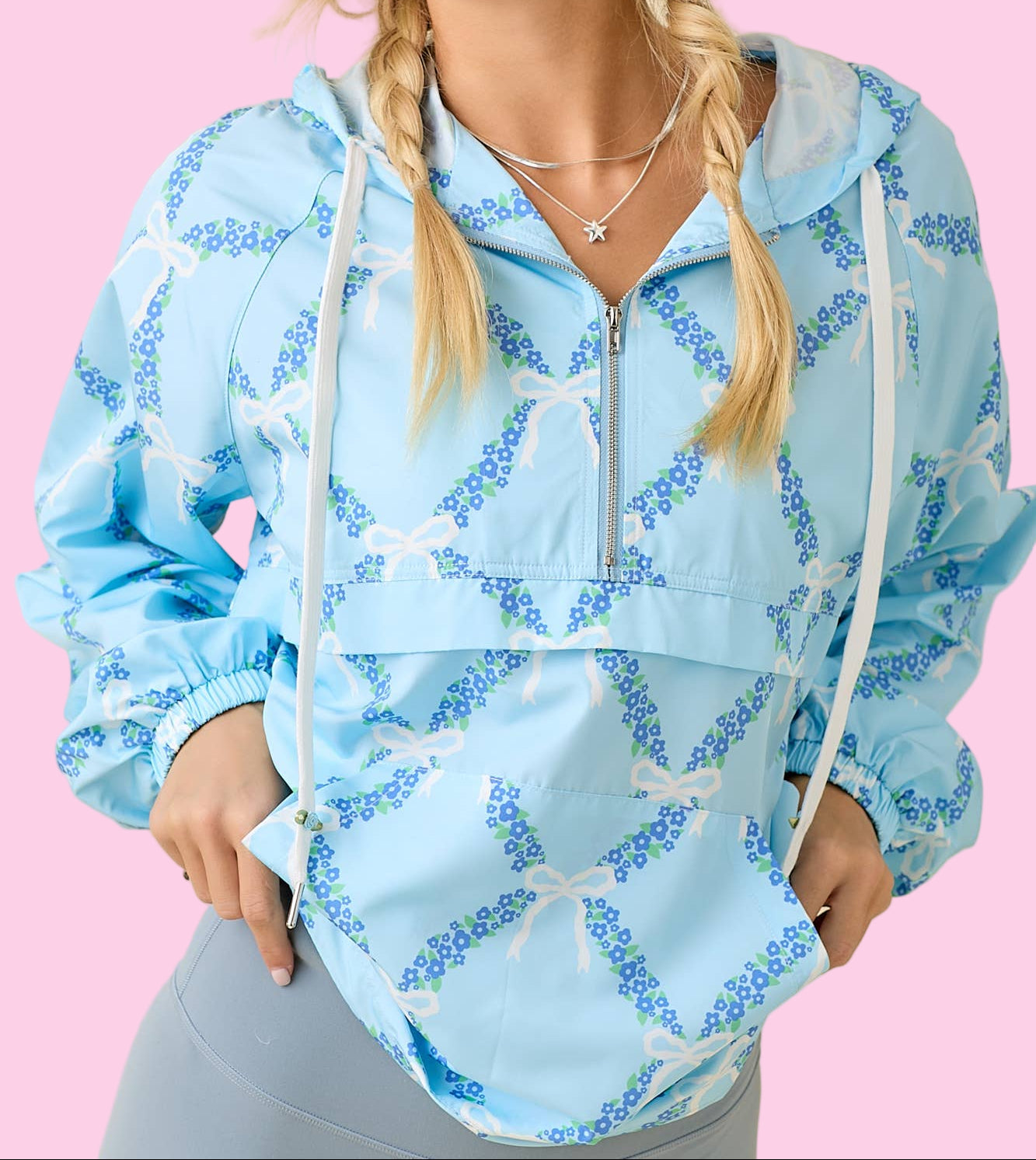 Blue Ribbon And Floral Printed Windbreaker