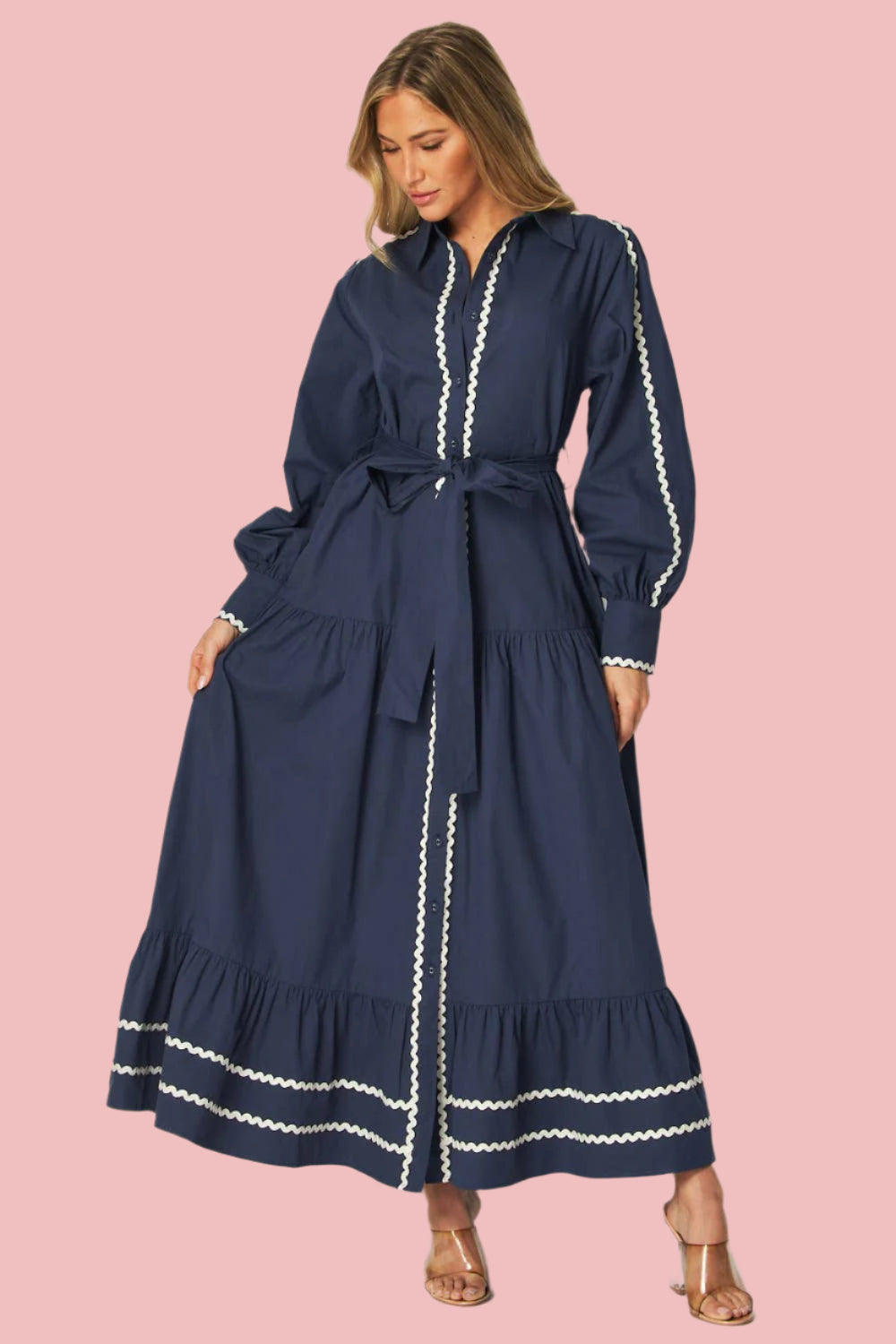 Navy Solid Long Sleeve Button-Down Maxi Dress