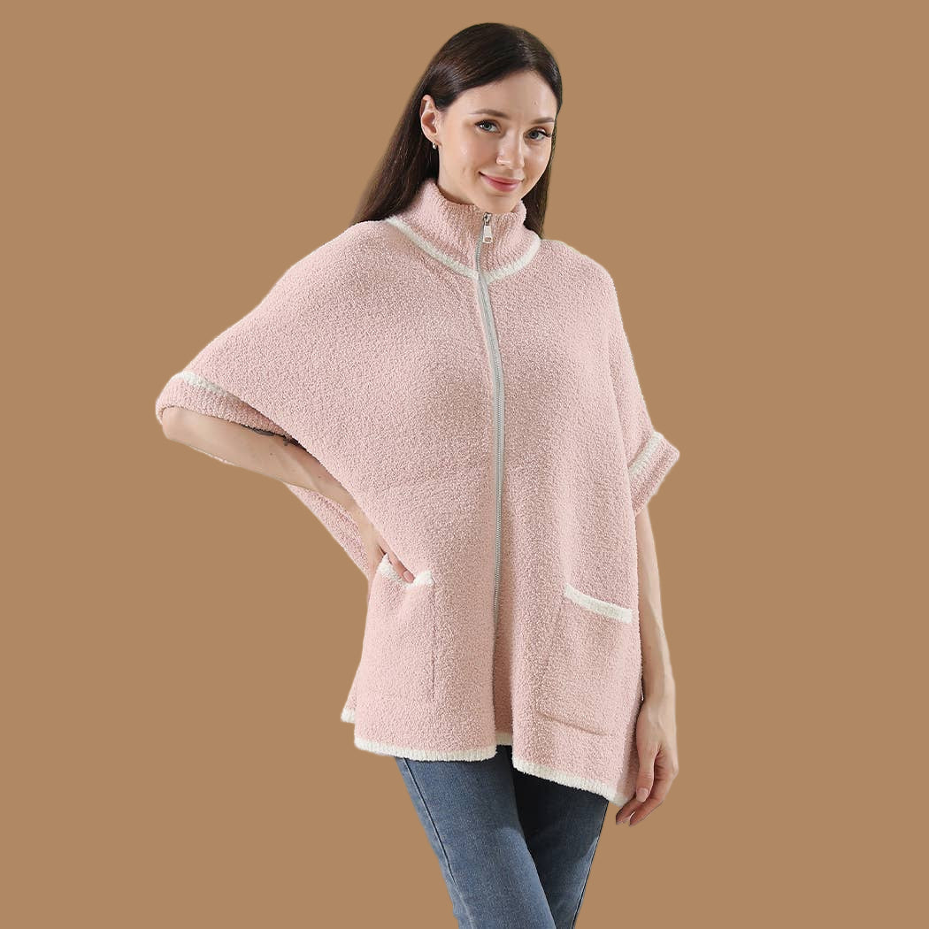 Pink Solid Zipper Jacket with Outlined Edges