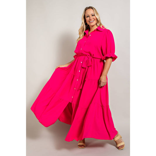 Fuchsia Button Down Maxi Shirt Dress