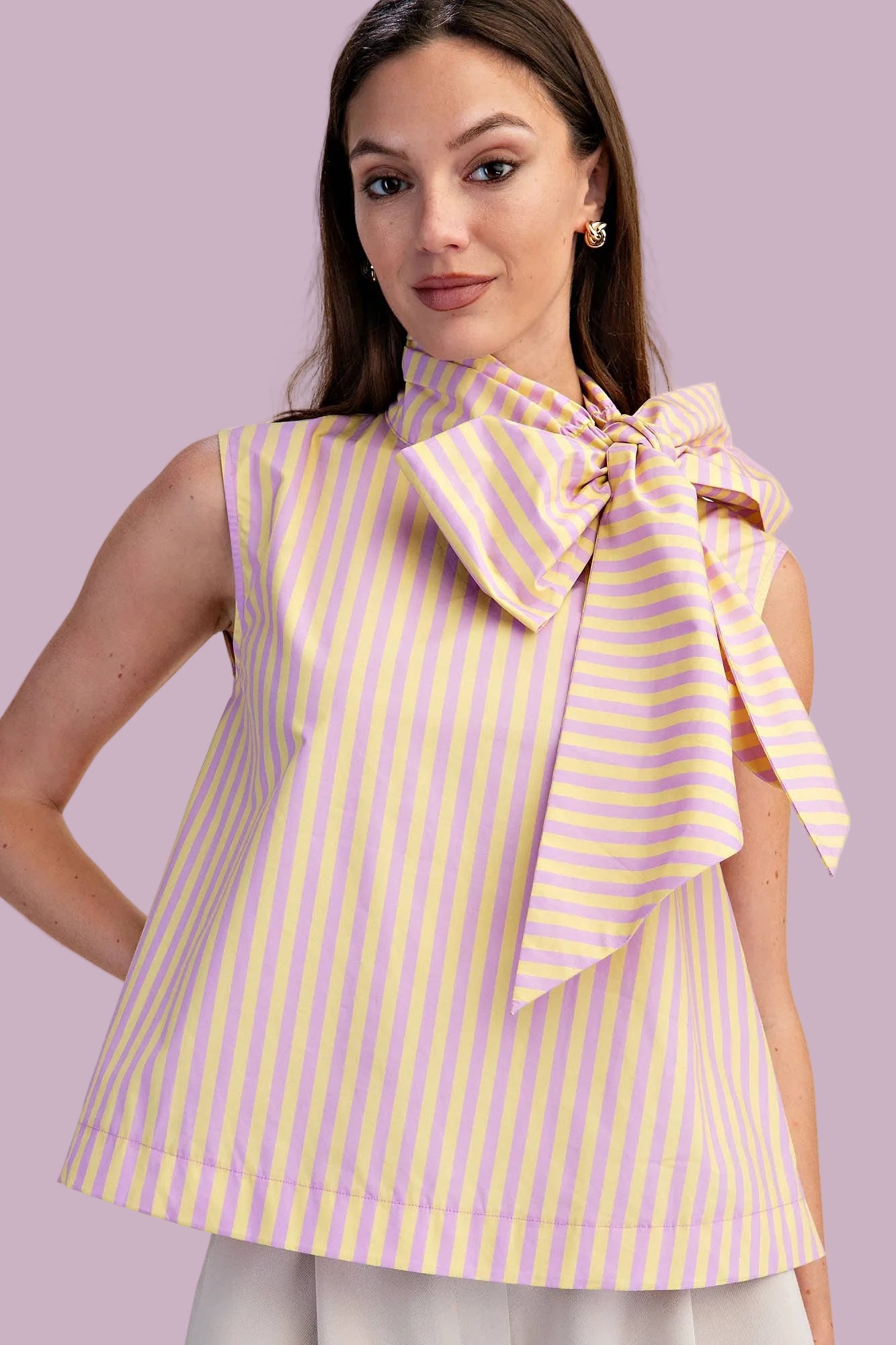 Lavender Tie Neck Sleeveless Stripe Top