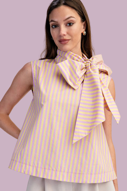 Lavender Tie Neck Sleeveless Stripe Top