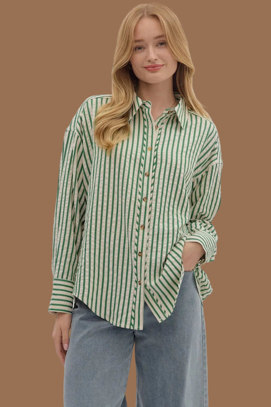 Emerald Striped Button Up Top