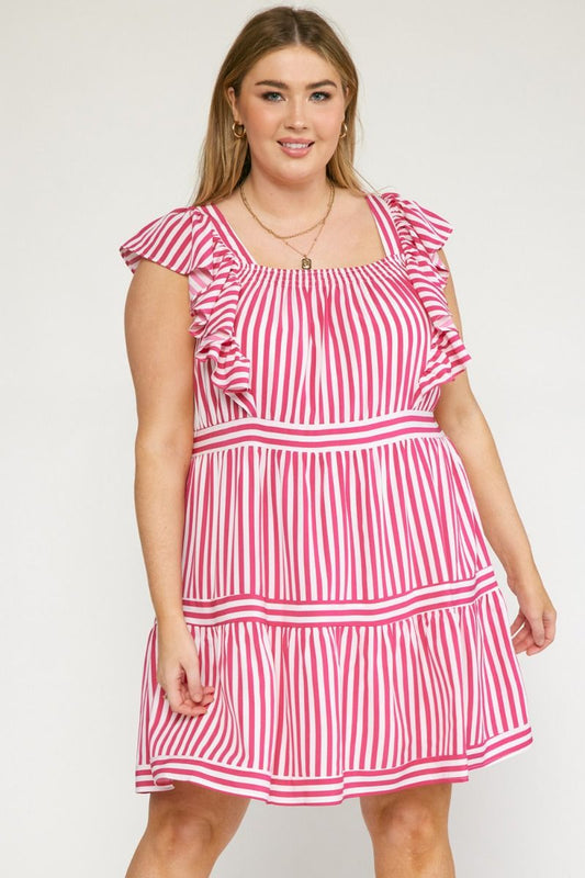 Magenta Striped Tiered Mini Dress