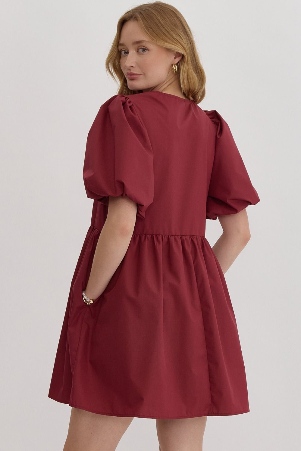 Crimson Solid Bubble Sleeve Mini Dress