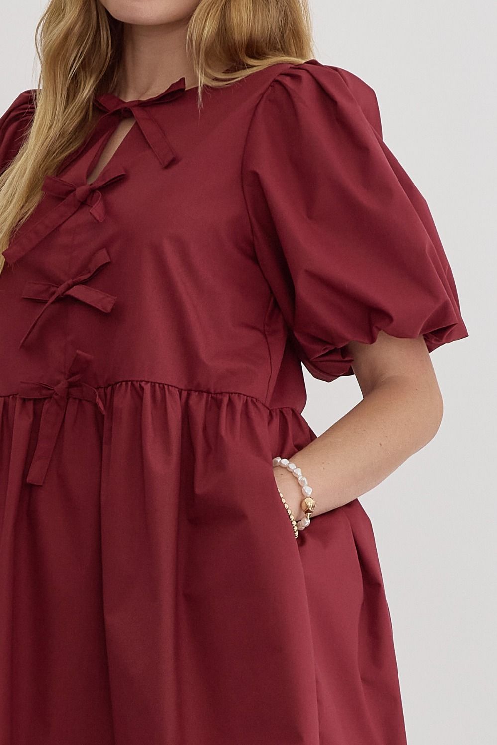 Crimson Solid Bubble Sleeve Mini Dress