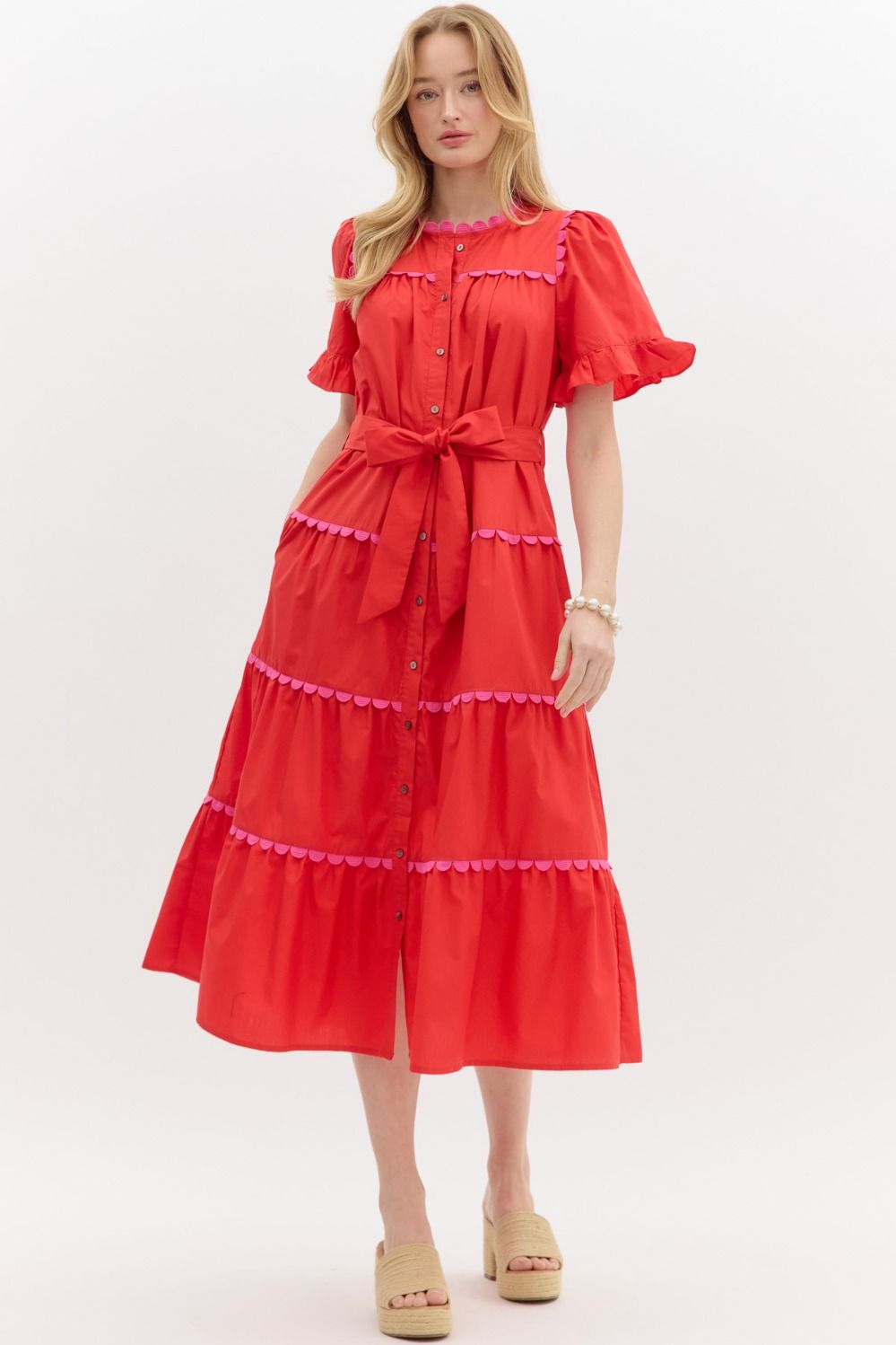 Red/Pink Solid Ruffle Edge Tiered Midi Dress