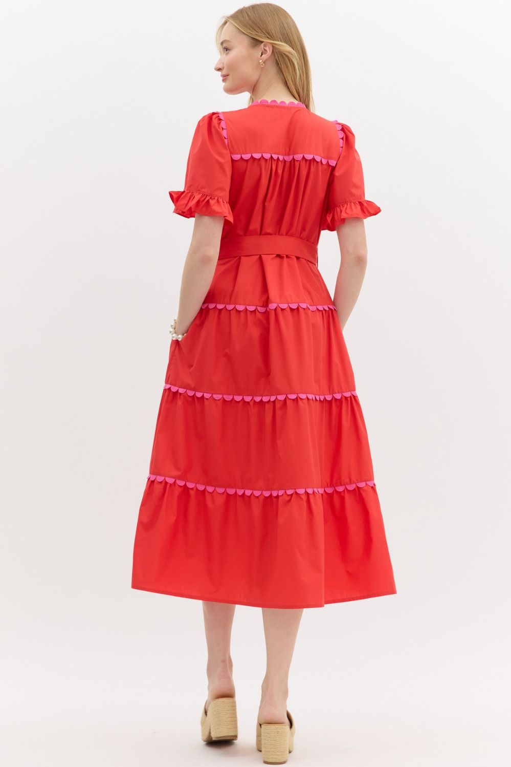 Red/Pink Solid Ruffle Edge Tiered Midi Dress