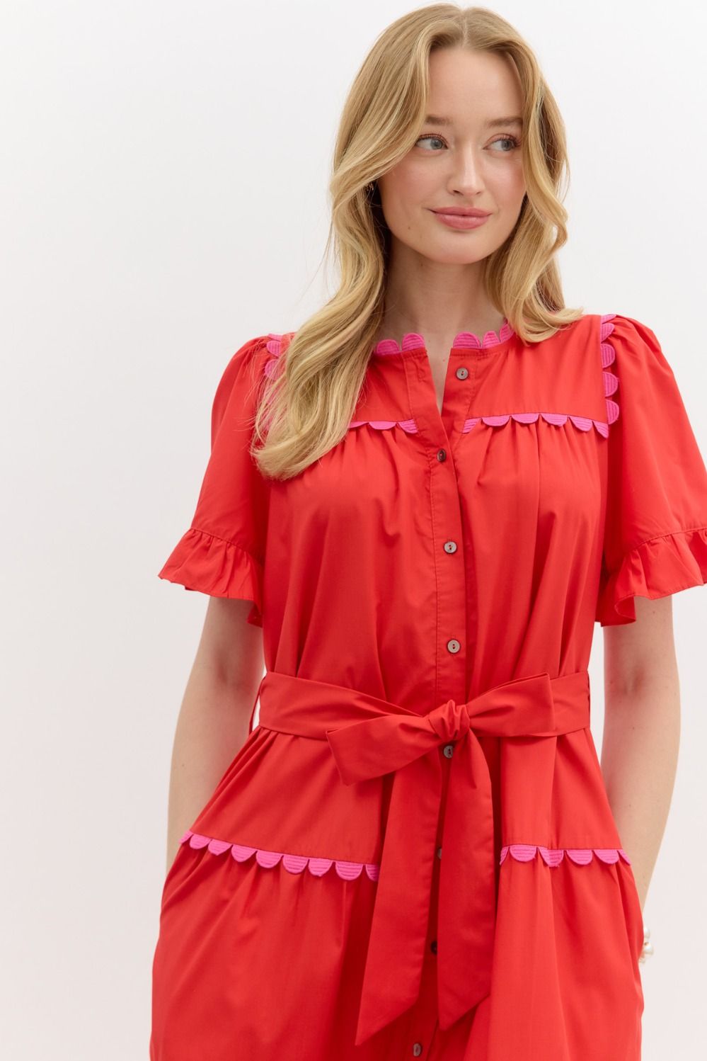 Red/Pink Solid Ruffle Edge Tiered Midi Dress