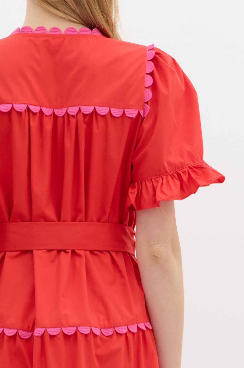 Red/Pink Solid Ruffle Edge Tiered Midi Dress