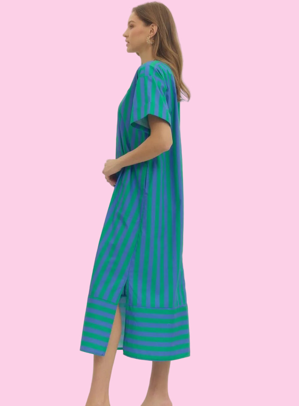 Green & Blue Stripe Midi Dress