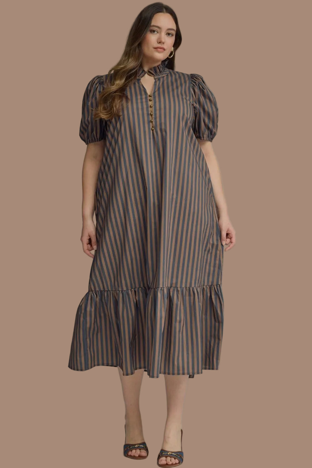 Navy Brown Stripe Midi Dress