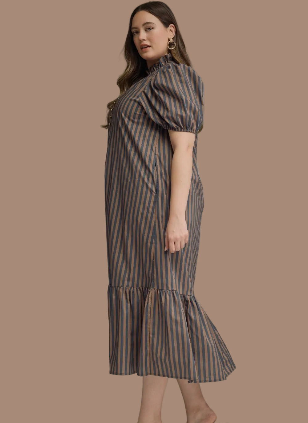 Navy Brown Stripe Midi Dress