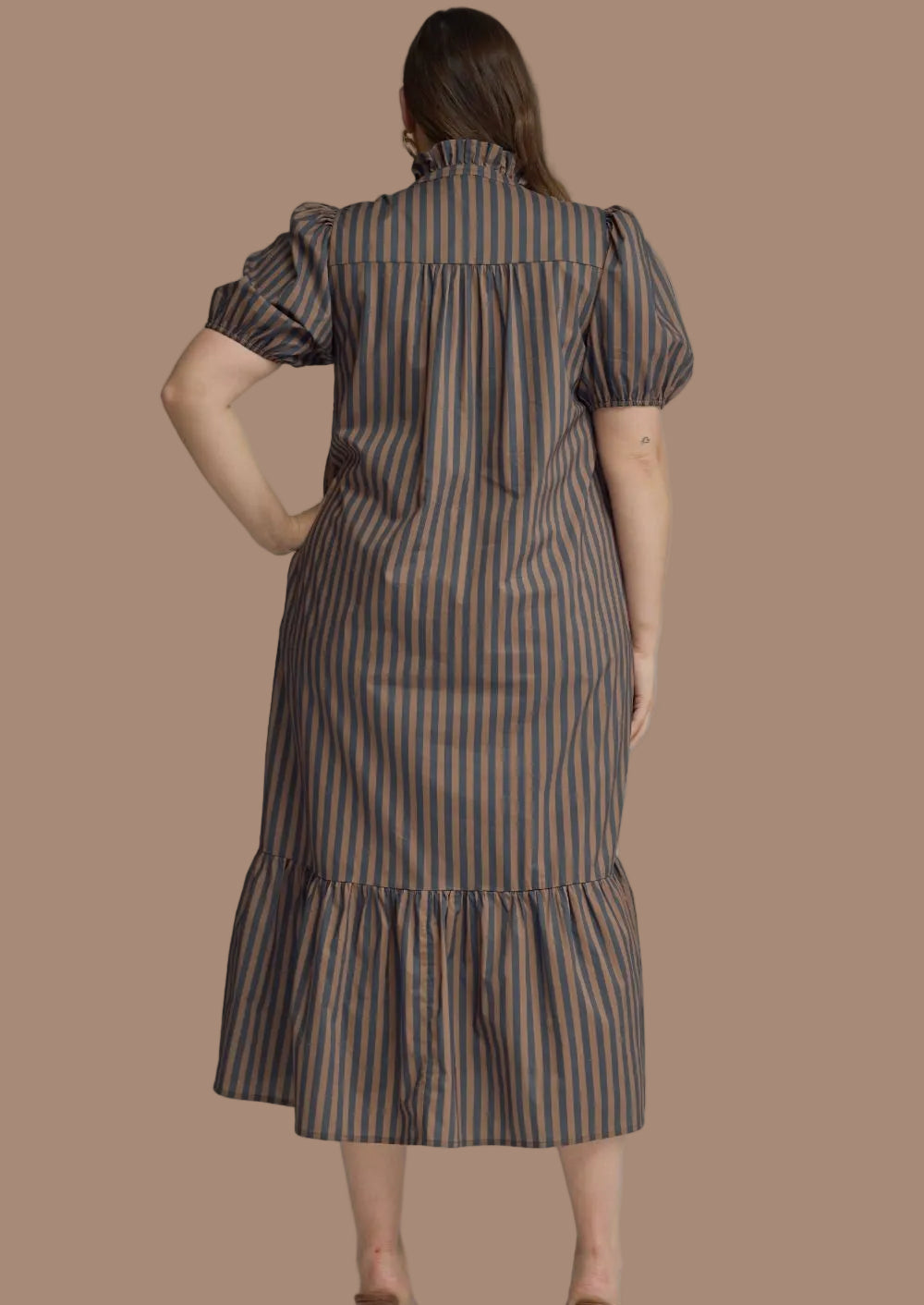 Navy Brown Stripe Midi Dress