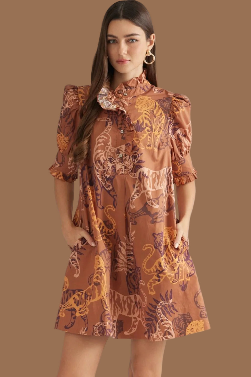 Tiger Patterned Ruffle Neck Mini Dress