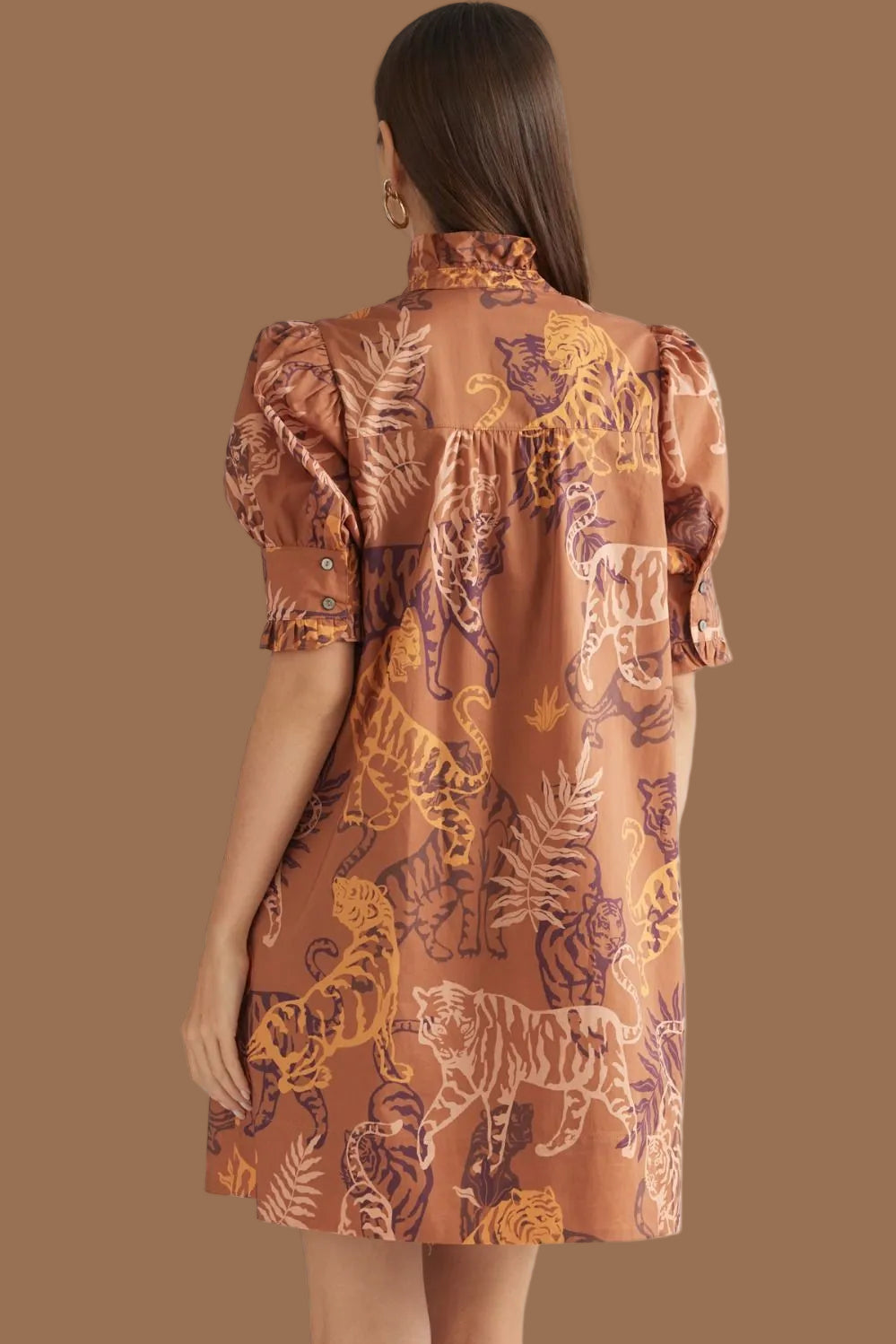 Tiger Patterned Ruffle Neck Mini Dress